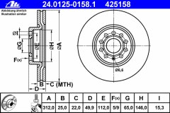 Тормозной диск для SKODA OCTAVIA III (5E3) 2.0 TDI 2012-, код двигателя CKFB,CRVC, V см3 1968, кВт 105, л.с. 143, Дизель, Ate 24012501581